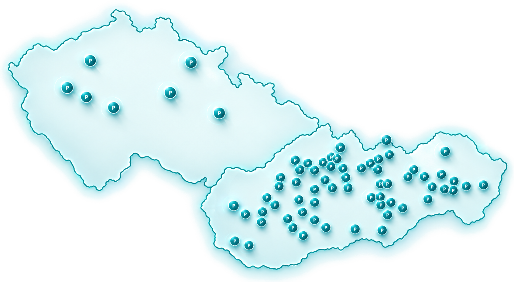 Mapa Slovenska a Česka s vyznačenými lokalitami, kde je nasazen systém EM CARD