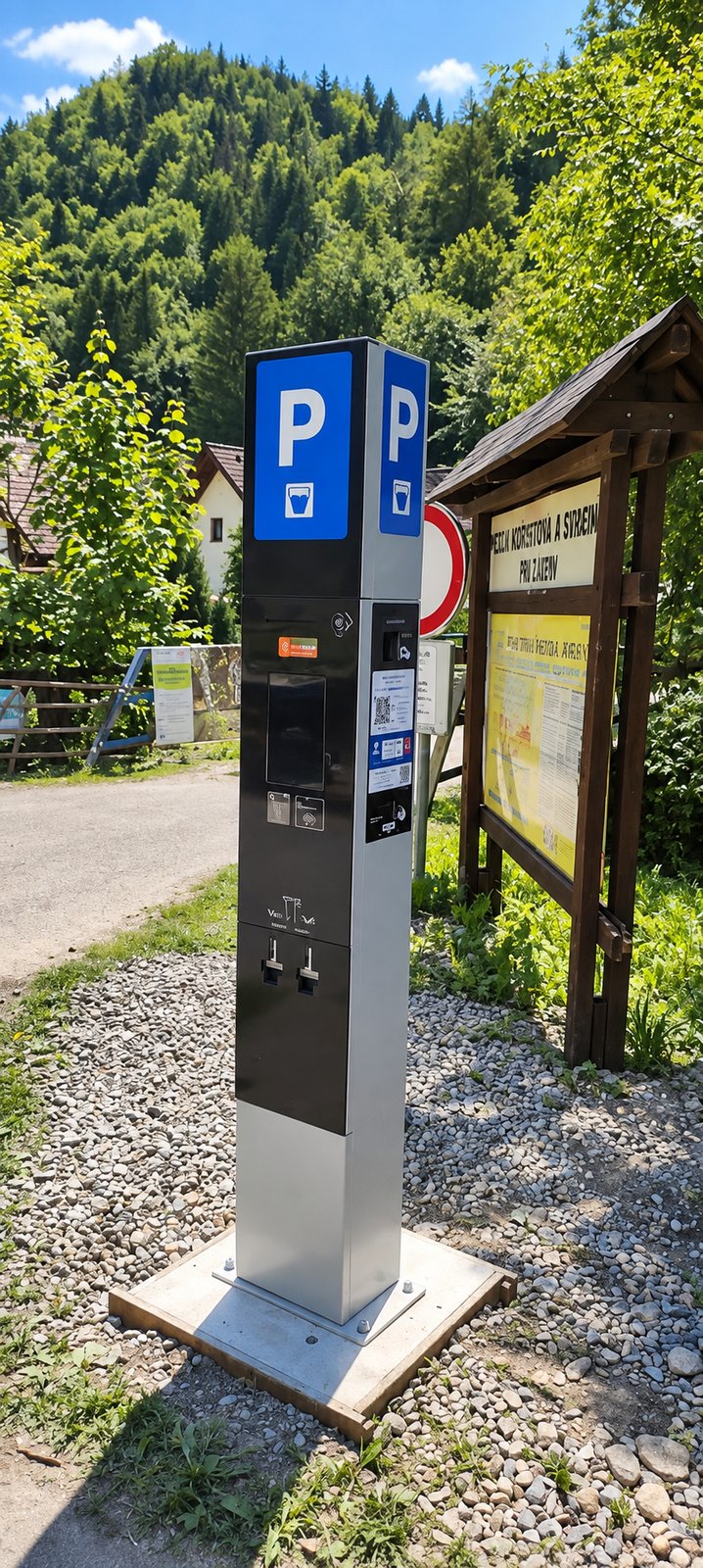 Parkovací terminál pri informačnej tabuli s mapou