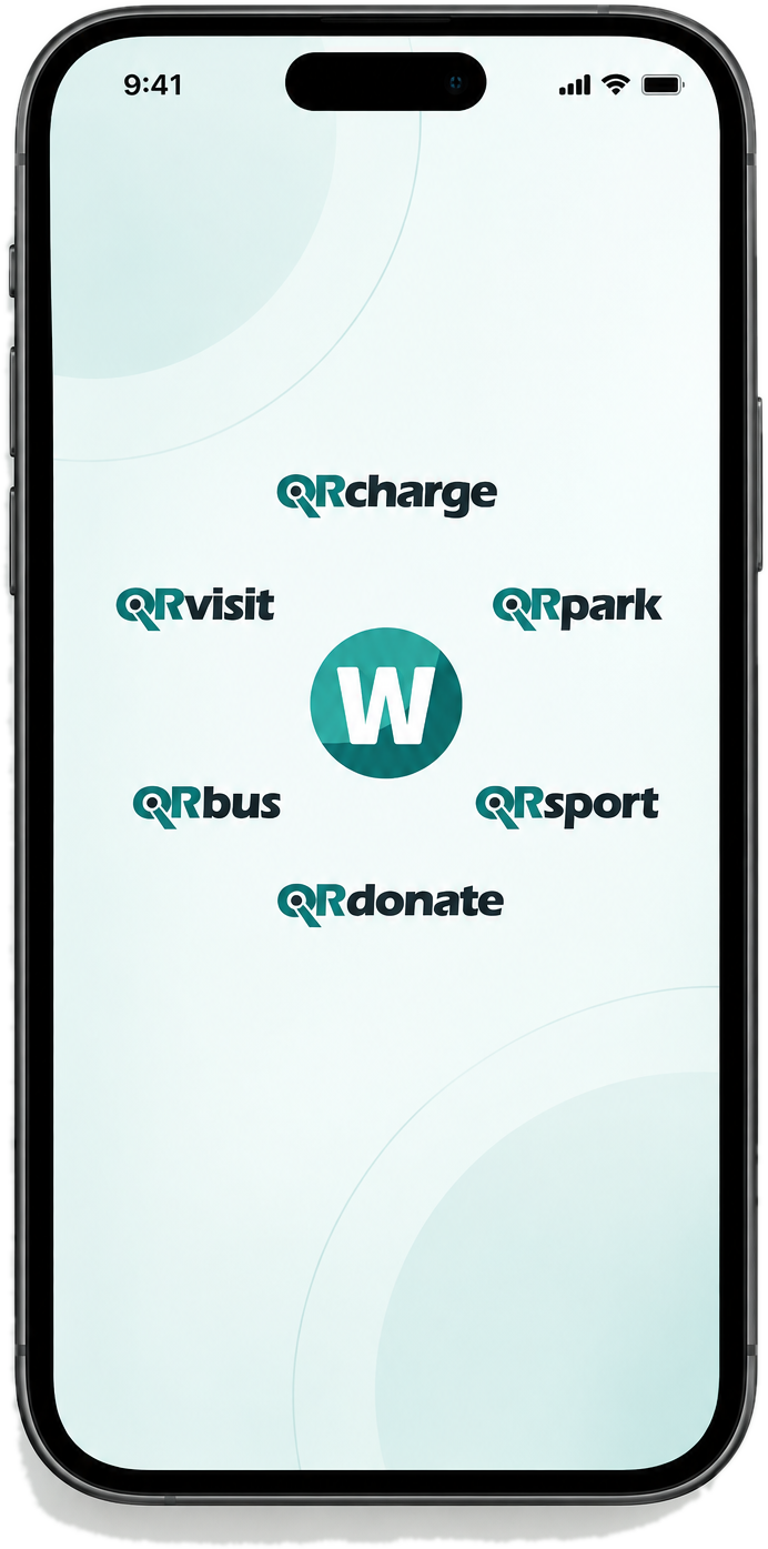 Telefon mit der WERTYZ-App – QRcharge, QRpark, QRvisit, QRbus, QRsport und QRdonate in einer App